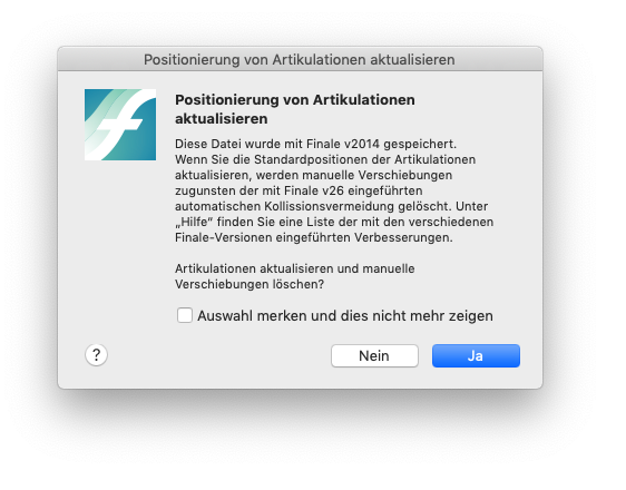 Dialogbox Positionierung von Artikulationen aktualisieren